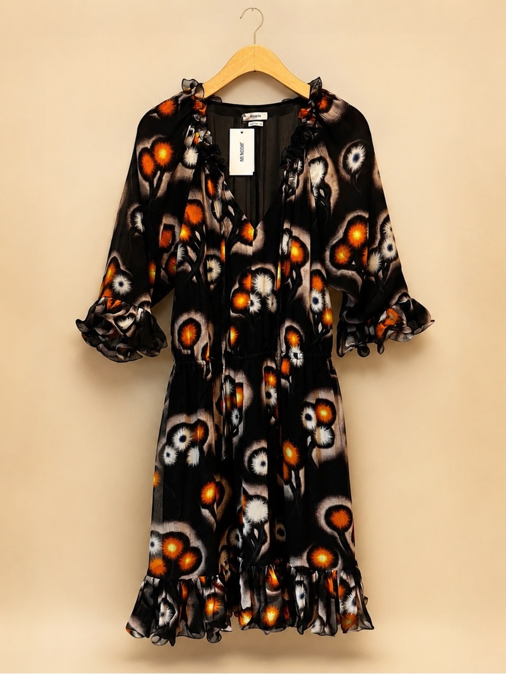 JASON WU Floral Silk Blend Ruffle Mini Dress Sheer Sleeve Designer Size 8